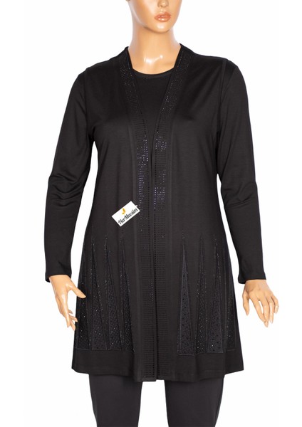 Işıltı Kadın Büyük Beden Yelek Bluz Siyah Takım