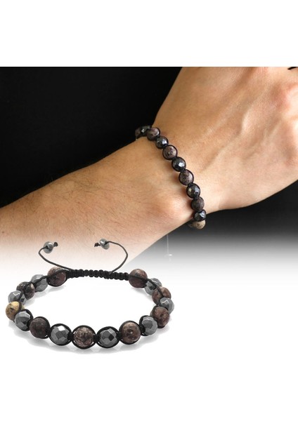 Makrome Örgülü Küre Kesim Mat Ceyd-Fasetalı Hematit Kombinli Doğaltaş Bileklik