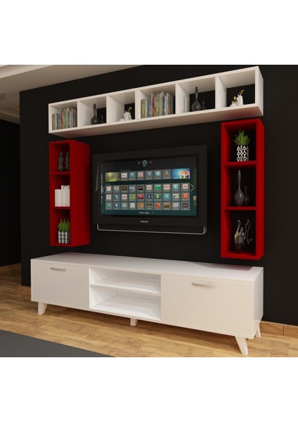 Dekormer Design Tv Ünitesi Dolaplı Beyaz Kırmızı 180 cm Kitaplıklı