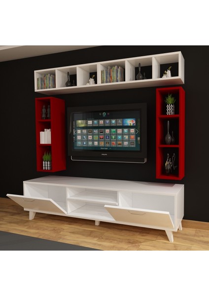 Dekormer Design Tv Ünitesi Dolaplı Beyaz Kırmızı 180 cm Kitaplıklı