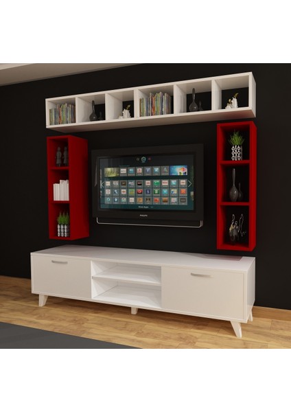 Dekormer Design Tv Ünitesi Dolaplı Beyaz Kırmızı 180 cm Kitaplıklı