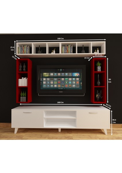 Dekormer Design Tv Ünitesi Dolaplı Beyaz Kırmızı 180 cm Kitaplıklı