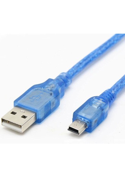 USB To 5 Pin Mini USB Mavi Şeffaf 1m USB Şarj ve Data Kablosu