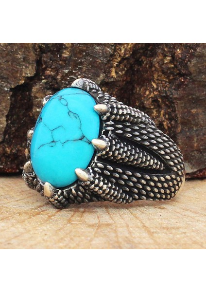 925 Ayar Gümüş Turkuaz Firuze Taşlı Pençe Yüzük