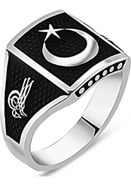 Tuğra Motifli Gümüş Kare Kasa Ay Yıldız Erkek Yüzük