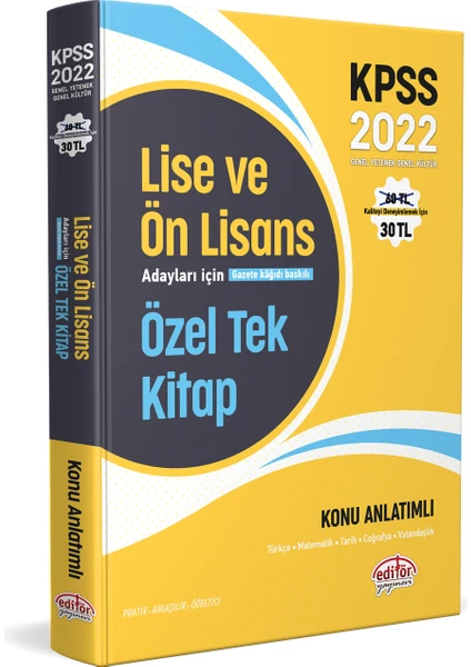 Editör Yayınları 2022 KPSS Lise ve Önlisans Adayları Için Özel Tek Kitap Konu Anlatımlı