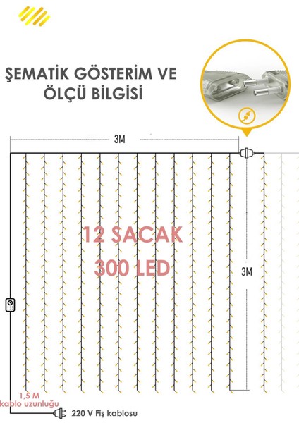 3 x 3 M Perde LED Animasyonlu 12 Saçaklı 300 Ledli Fişli Eklenebilir 8 Fonksiyonlu