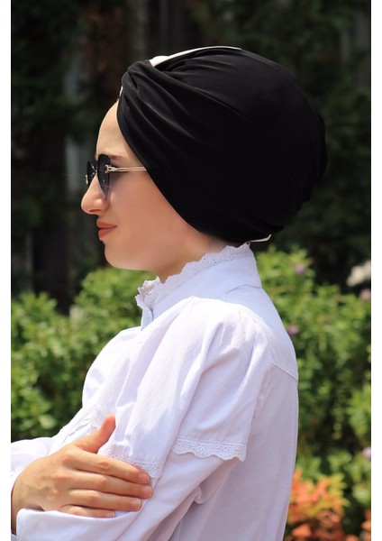 Çift Renkli Hazır Dolama Bone Siyah Beyaz - Yeni Model Tesettür Giyim