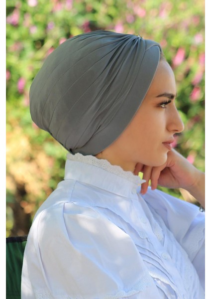 Tas Detaylı Çapraz Bone Gri - Yeni Model Tesettür Giyim