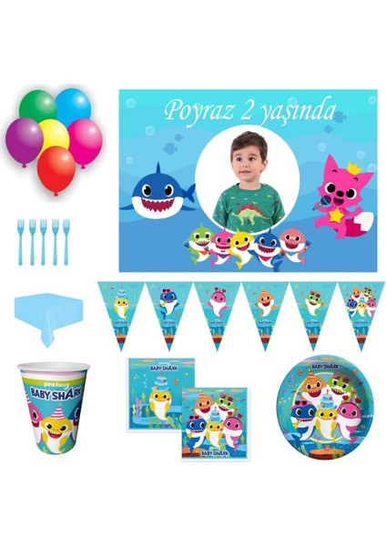 Baby Shark Afiş Li Doğum Günü Süsleri Masa Seti Parti Seti Full Set 8 Kişilik Fotoğraflı