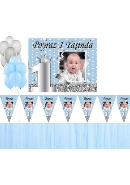 1 Yaş Afişli Erkek Kişiye Özel Doğum Günü Süsleme Seti Gümüş