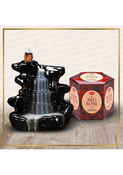 Siyah Şelale Buhurdanlık ve Red Rose (Kırmızı Gül) Konik Tütsü Set