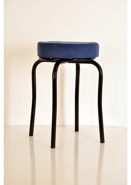 2'li Lacivert Tay Tüyü Siyah Profil Tabure Metal Tabure Mutfak Taburesi Kalın Tabure