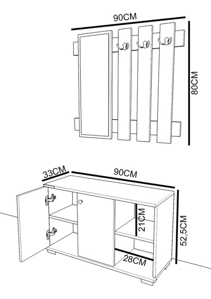 Plus Aynalı Vestiyer Ayakkabılık Portmanto ve Duvar Askısı - Ceviz / Beyaz