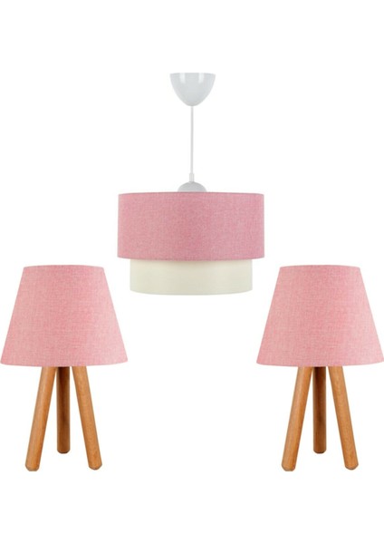 3'lü Set Avize ve Komodin Üstü Abajur Pembe