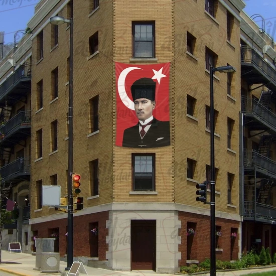 Asilmeydan Kalpaklı Gazi Mustafa Kemal Atatürk Ay Yıldız Türk Bayraklı Poster Tören Kutlama Cephe Bayrağı 2X3MT