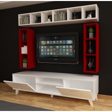 Dekormer Design Tv Ünitesi Dolaplı Kırmızı ve Beyaz Kitaplıklı 180 cm