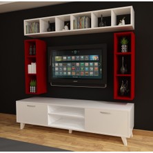 Dekormer Design Tv Ünitesi Dolaplı Kırmızı ve Beyaz Kitaplıklı 180 cm