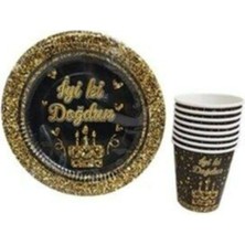 Bal10 Dünyası Siyah-Gold Iyiki Doğdun 8 Li Tabak ve Bardak Set
