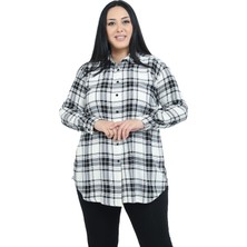 Büyük Beden Katlamalı Kollu Çizgili Siyah Beyaz Kadın Gömlek