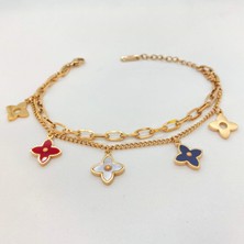 Modamugo Çelik Ikili Zincir Çiçek Desenli - Rose Bileklik