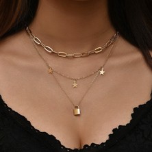 X-lady Accessories Moda Takı Altın Rengi Gerdanlık Kolye 3 Katlı Yıldız Kilit Ezme Zincir Çok Katlı Kolye