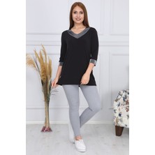 Gül Moda Kadın Büyük Beden Bluz Simli Kapri Kol Siyah G012-1