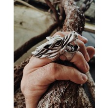 CAPO By Aytaç Yamaç Büyük Kurt Figürlü Yüzük Ayarlanabilir Eskitme Gümüş Kaplama