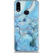 Case World Caseworld Samsung Galaxy A10S Kapak Mermer Desenli Pop Socketli Silikon Kılıf - Mavi