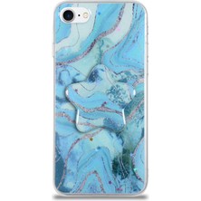 Case World Caseworld Apple Apple iPhone Se 2020 Kapak Mermer Desenli Pop Socketli Silikon Kılıf - Mavi