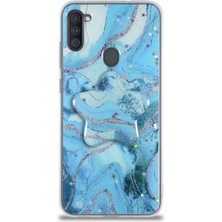 Case World Caseworld Samsung Galaxy M11 Kapak Mermer Desenli Pop Socketli Silikon Kılıf - Mavi