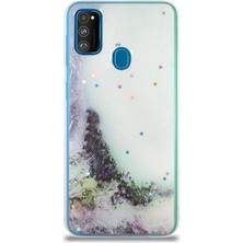 Case World Caseworld Samsung Galaxy M21 Kapak Mermer Desenli Pop Socketli Silikon Kılıf - Beyaz