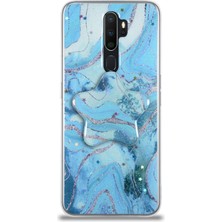 Case World Caseworld Oppo A5 2020 Kapak Mermer Desenli Pop Socketli Silikon Kılıf - Mavi