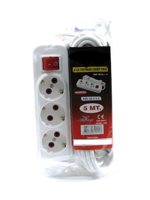 Ata Elektronik Yerli Üretim - 5mt 3 Çıkış Üçlü Beş 5 Metre 3 Port Topraklı Kablolu Grup Priz Gurup Piriz