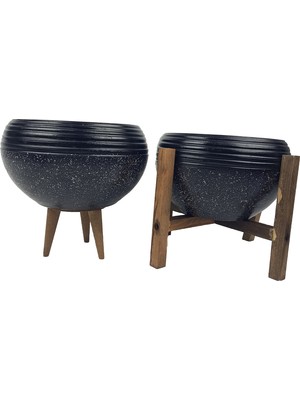 Bitki Tasarımı Ev Dekorasyon  Siyah Granit Küp Aranjman Saksı Saksılık Salon Çiçeklik İkili Set (3 Ayak-4 Ayak)