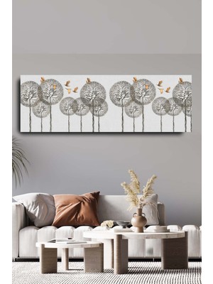 Blok Design Dekoratif Soyut Kuş ve Ağaç Sürreal Kanvas Duvar Tablosu 120X40CM Büyük Boy Tablo