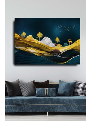 Blok Design Dekoratif Soyut Altın Geyik ve Ağaç Sürreal Kanvas Duvar Tablosu