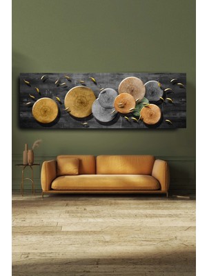 Blok Design Dekoratif Soyut Altın Balıklar ve Odun Sürreal Kanvas Duvar Tablosu 120X40CM Büyük Boy Tablo