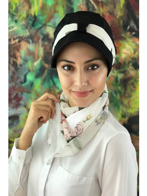 Butik Ambar Siyah Fularlı Kadın Şapka