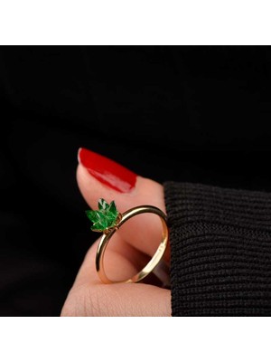 Engingold 14 Ayar Altın Yeşil Lotus Çiçeği Yüzük