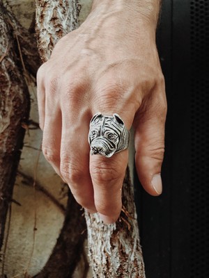 CAPO By Aytaç Yamaç Pitbull Figürlü Ayarlanabilir Eskitme Gümüş Kaplama Yüzük