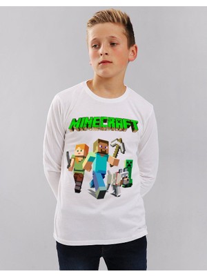 TakeTshirt Minecraft Uzun Kollu Çocuk Tişört Beyaz