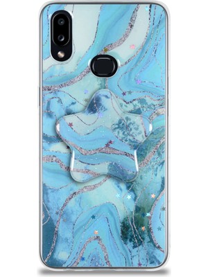Case World Caseworld Samsung Galaxy A10S Kapak Mermer Desenli Pop Socketli Silikon Kılıf - Mavi