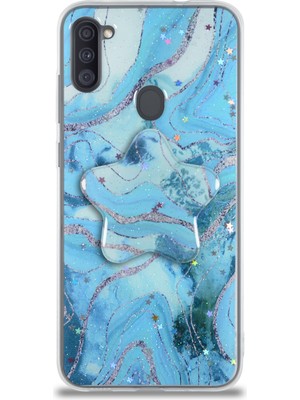 Case World Caseworld Samsung Galaxy A11 Kapak Mermer Desenli Pop Socketli Silikon Kılıf - Mavi