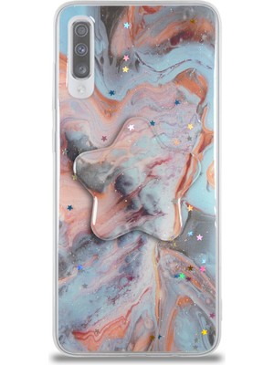 Case World Caseworld Samsung Galaxy A70S Kapak Mermer Desenli Pop Socketli Silikon Kılıf - Mercan