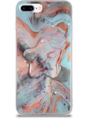 Case World Caseworld Apple Apple iPhone 8 Plus Kapak Mermer Desenli Pop Socketli Silikon Kılıf - Mercan