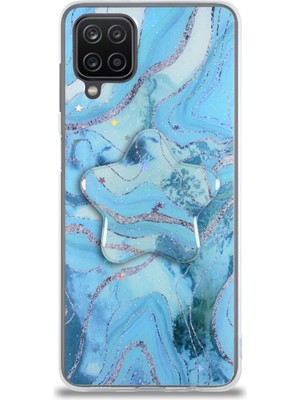Case World Caseworld Samsung Galaxy A12 Kapak Mermer Desenli Pop Socketli Silikon Kılıf - Mavi