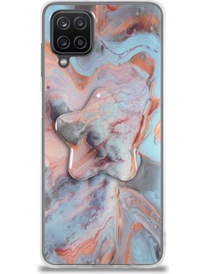 Case World Caseworld Samsung Galaxy A12 Kapak Mermer Desenli Pop Socketli Silikon Kılıf - Mercan
