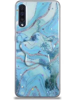Case World Caseworld Samsung Galaxy A50 Kapak Mermer Desenli Pop Socketli Silikon Kılıf - Mavi