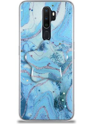 Case World Caseworld Oppo A5 2020 Kapak Mermer Desenli Pop Socketli Silikon Kılıf - Mavi